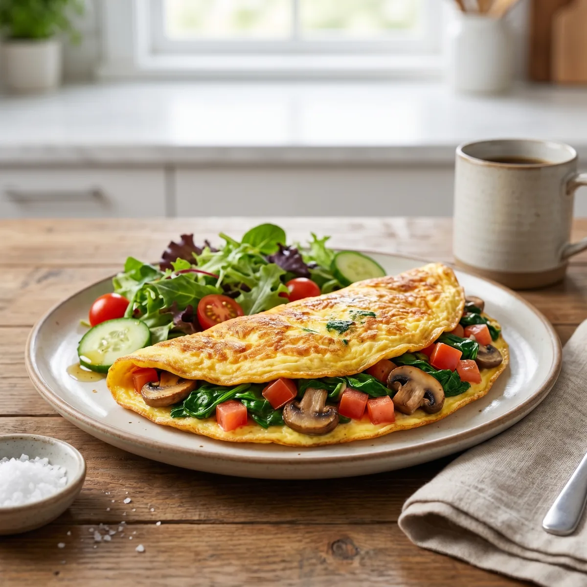 Omelete com Espinafre e Cogumelos